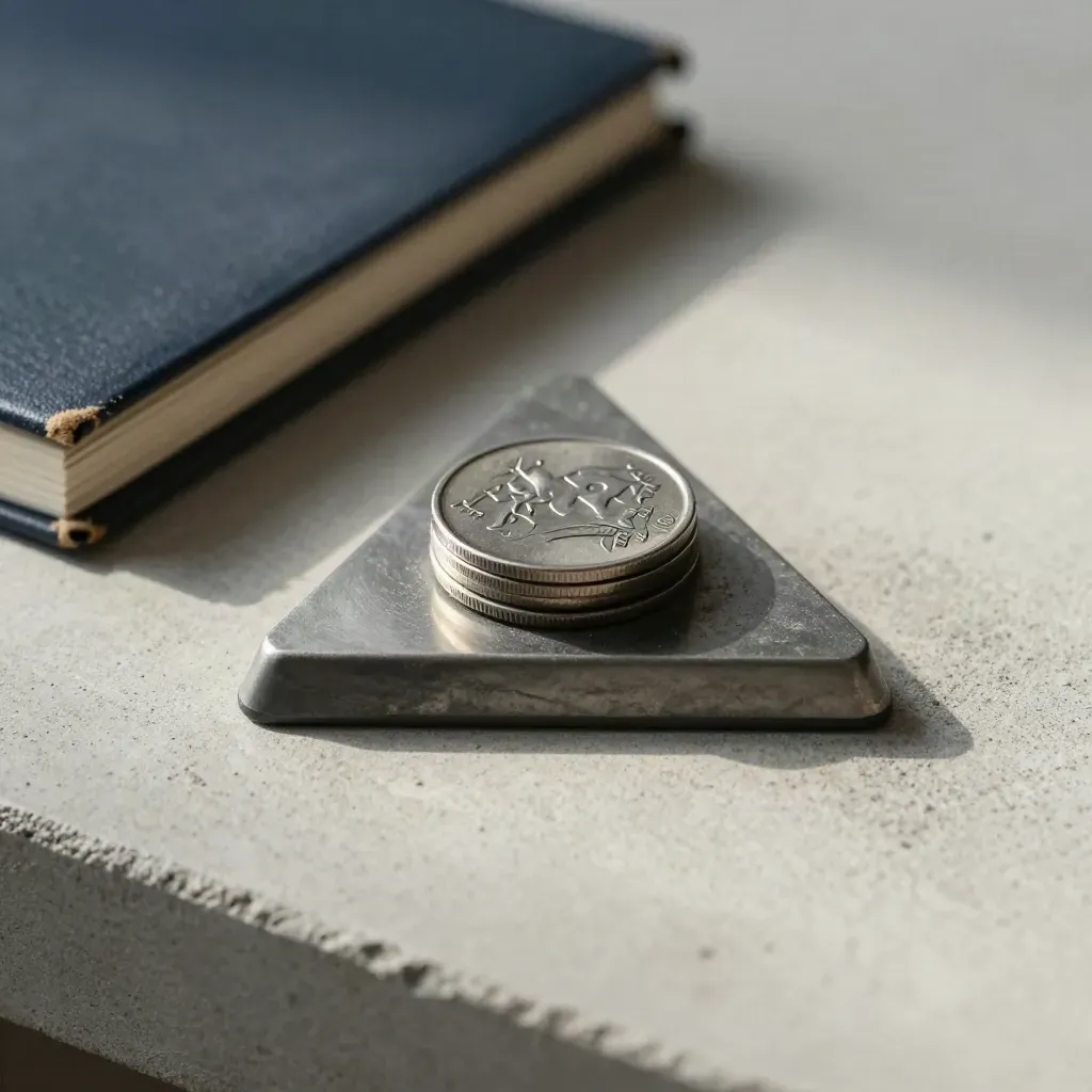 Overhead still life of ledger, receipt book, and metal weights on pale concrete with soft directional light.