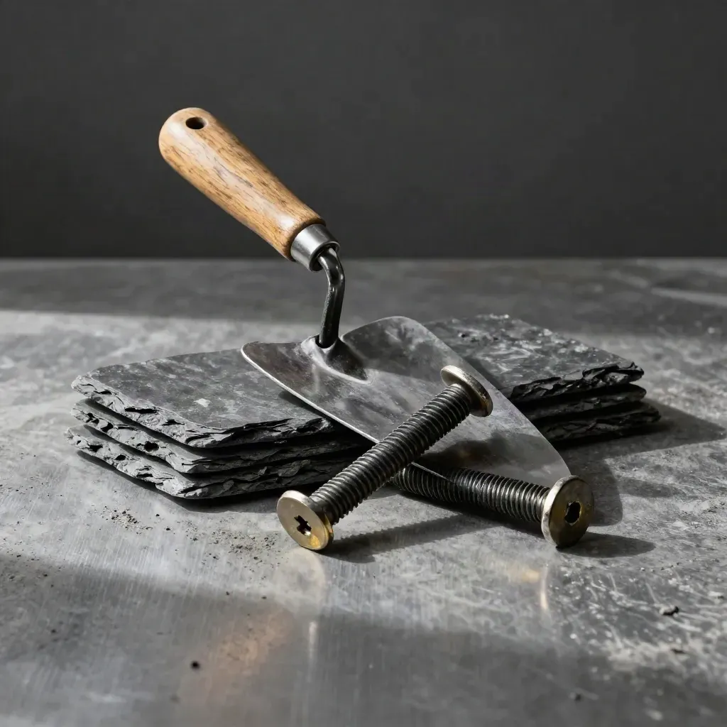 Masonry trowel, slate offcuts and steel bolts on brushed metal under raking light.