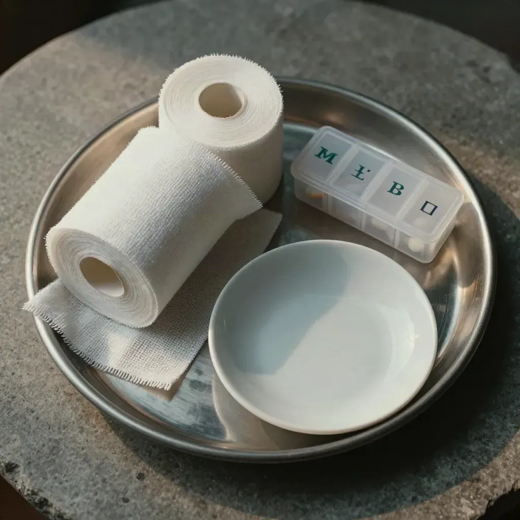 Overhead still life of medical tray, gauze rolls, pill organizer and ceramic dish on cool stone