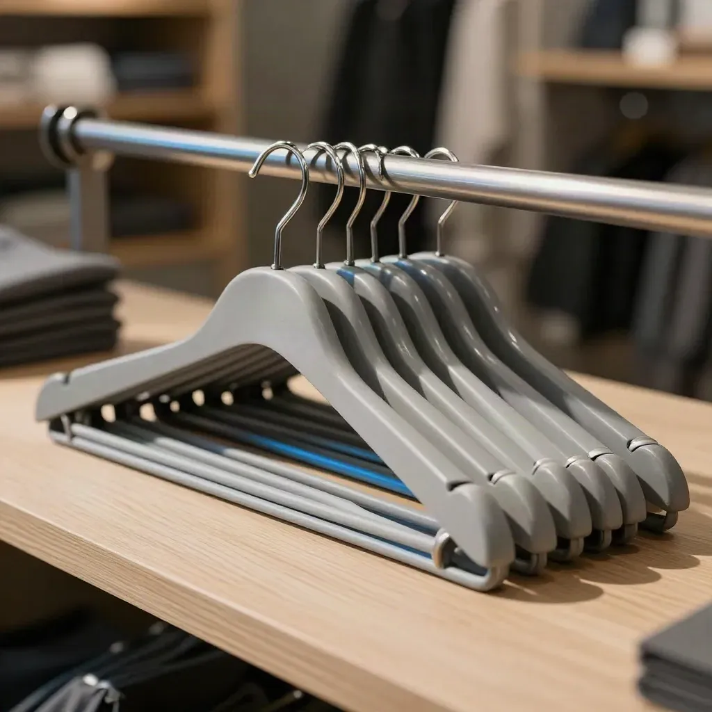 Retail still life with hangers, blank tags, and a steel clip bar on pale wood.
