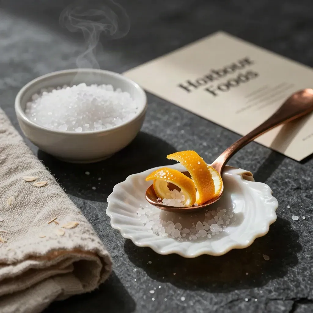 Macro still life of salt, linen, shell plate and copper spoon with citrus peel on dark stone.