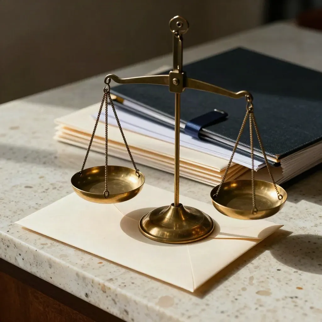 Brass scales, sealed cream legal envelopes, and a clipped dark binder on travertine.