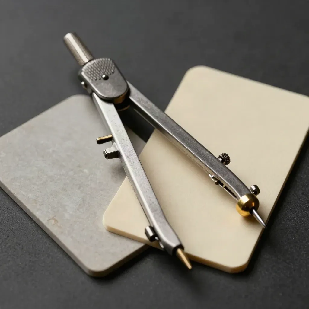 Overhead macro of a brass drafting compass, two matte swatches, and a small weight on charcoal.