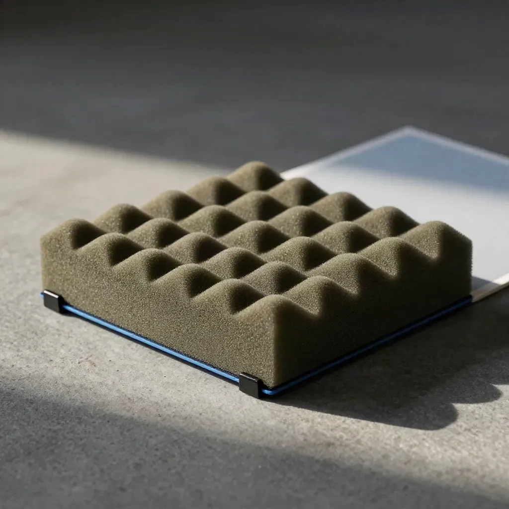 Foam layout blocks clipped into a grid on stone, lit dramatically with a subtle blue edge.