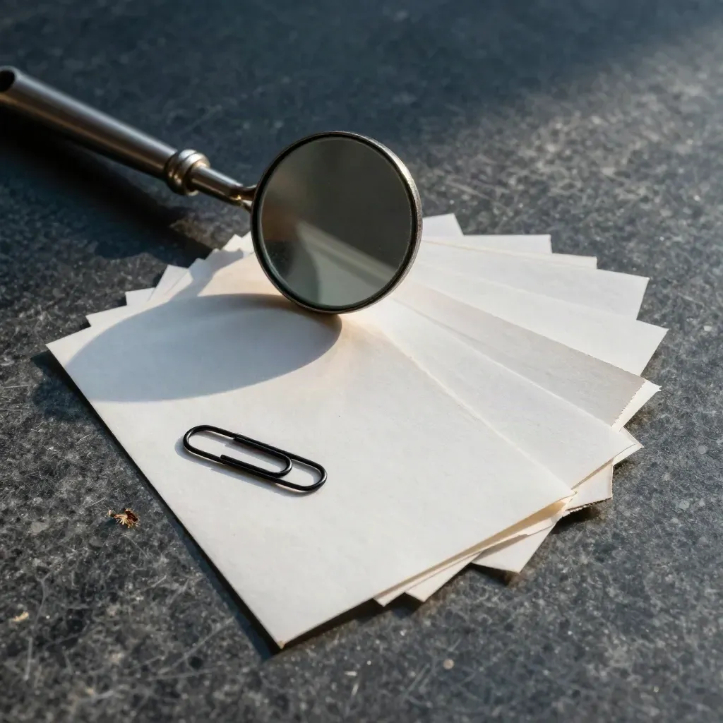 Steel inspection mirror, review tabs and paper clip on brushed stone with dramatic light.