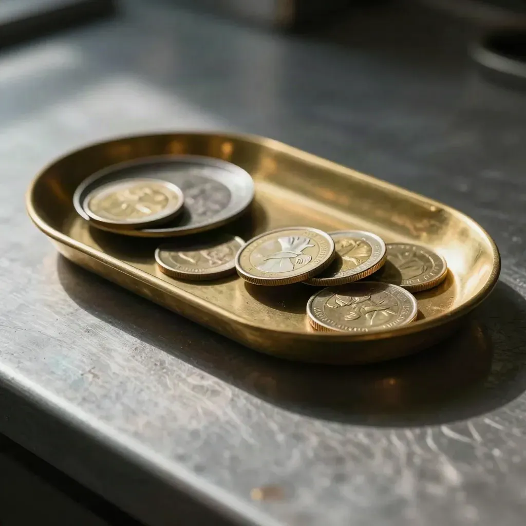 Brass tray with three counter tokens and a dark dish on brushed metal.