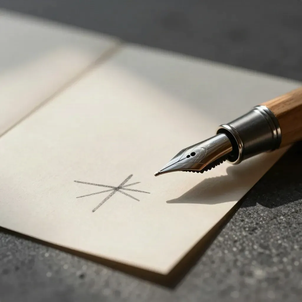 Macro still life of a fountain pen nib, blunt pencil and blank manuscript paper on charcoal stone.