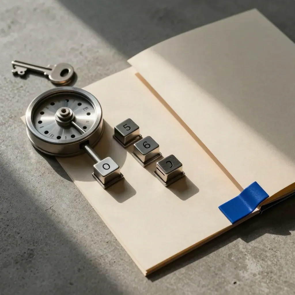 Top-down still life of tally wheel, counters, and closed report folder on cool concrete.