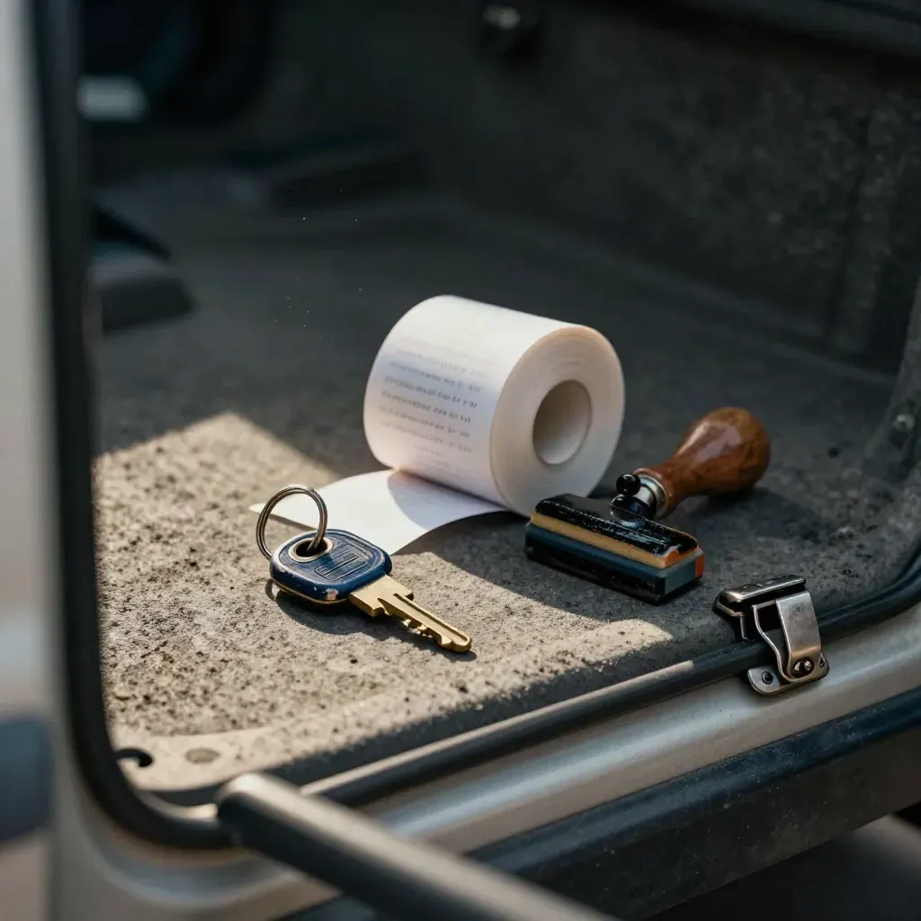 Van keys, receipt roll, stamp and cash-tin latch on a dark step with dust and side light.