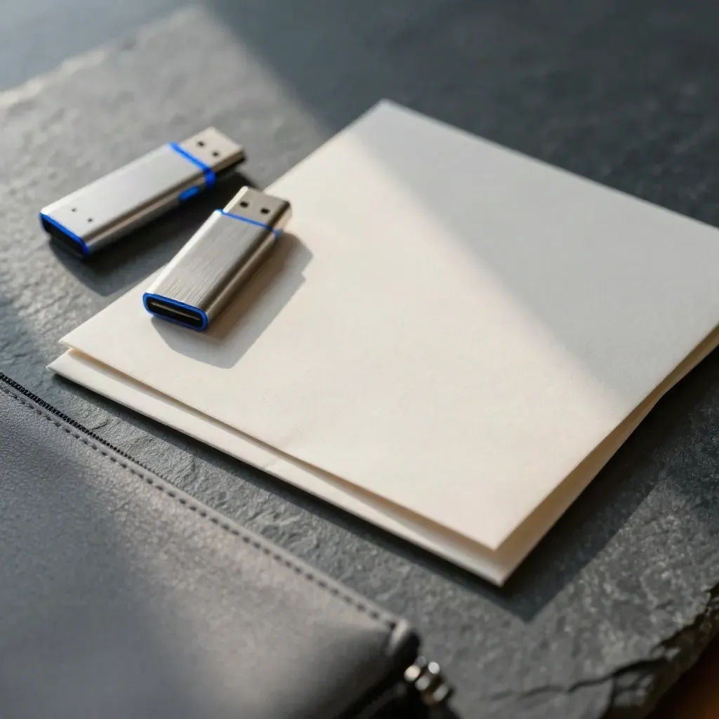 Macro flat lay of USB drives, a folded mockup sheet and a prototype pouch on slate stone.