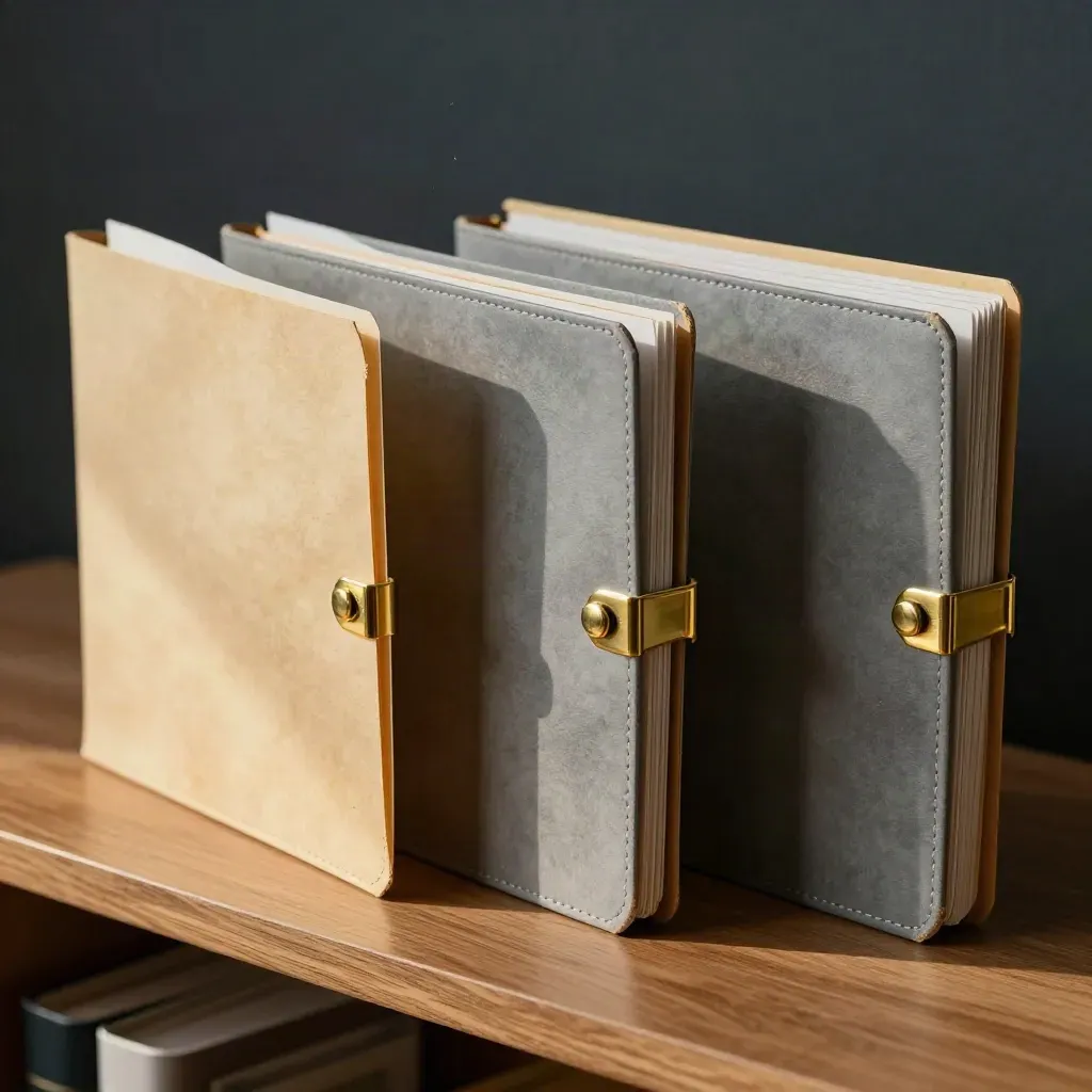Macro of clip folders, brass binder posts and review tabs on a honey-oak archive shelf.
