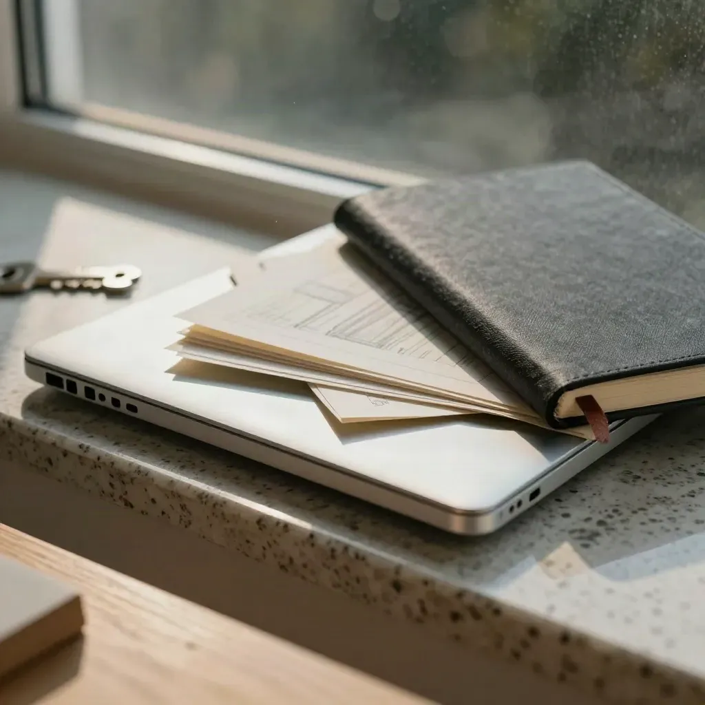 Closed silver laptop with storyboard cards and a graphite notebook on a travertine ledge.