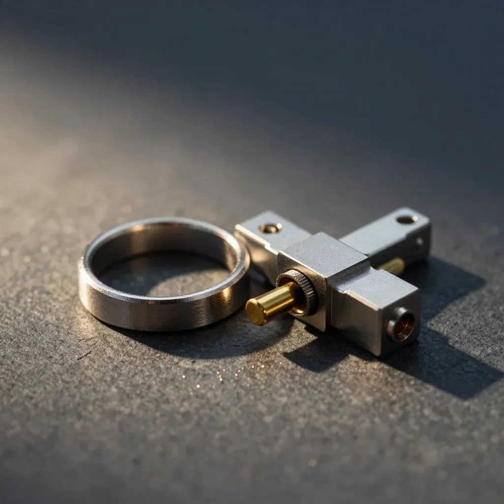 Top-down macro of steel rings and a gold-accent connector block clicking together on graphite.