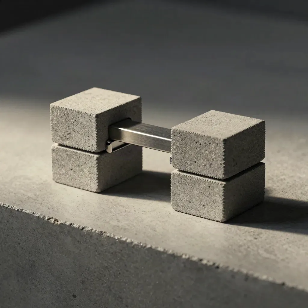 Graphite cubes, a metal bridge piece, and a clamp on concrete with dramatic side light