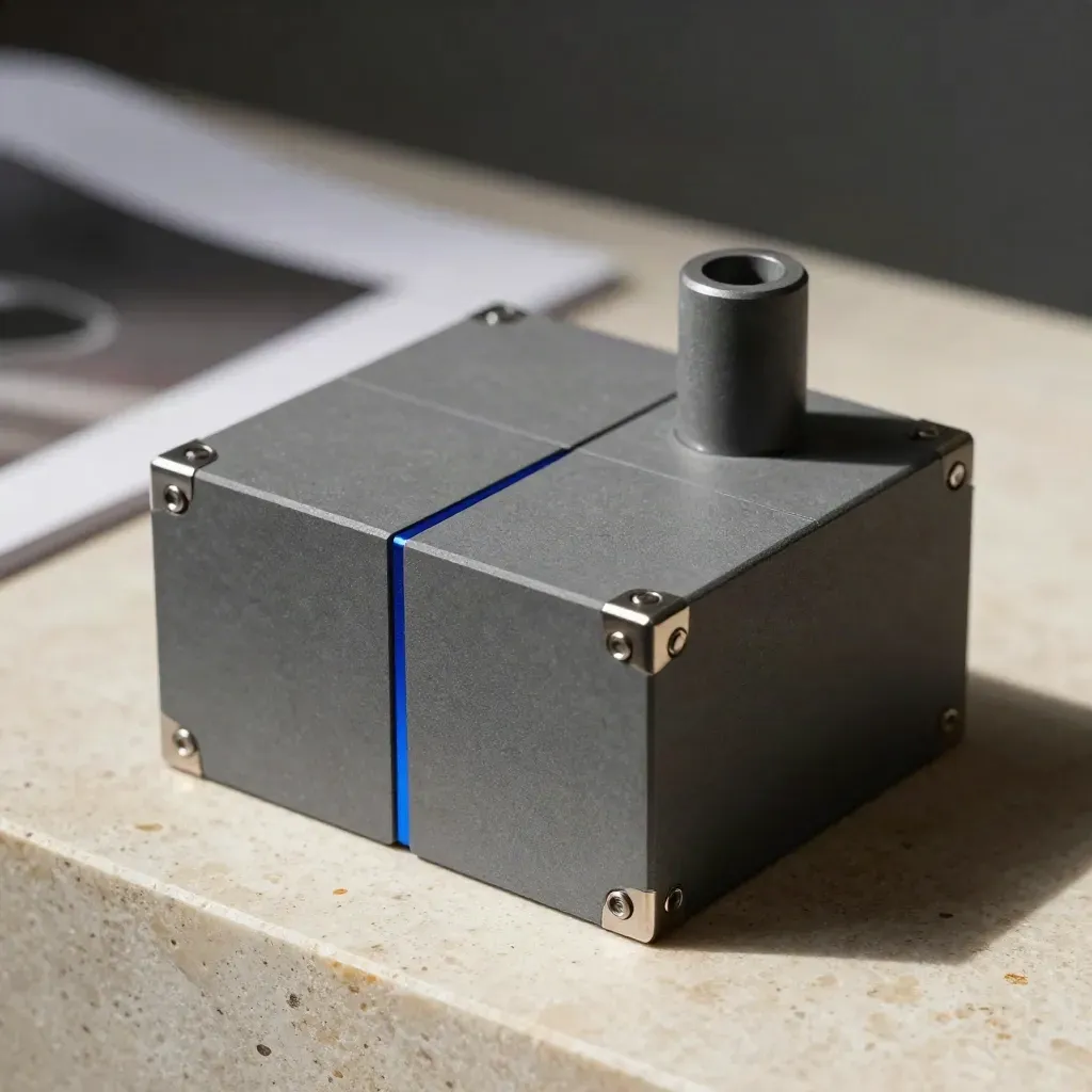 Graphite modular blocks with blue accent pin lit by a dramatic diagonal studio shadow.