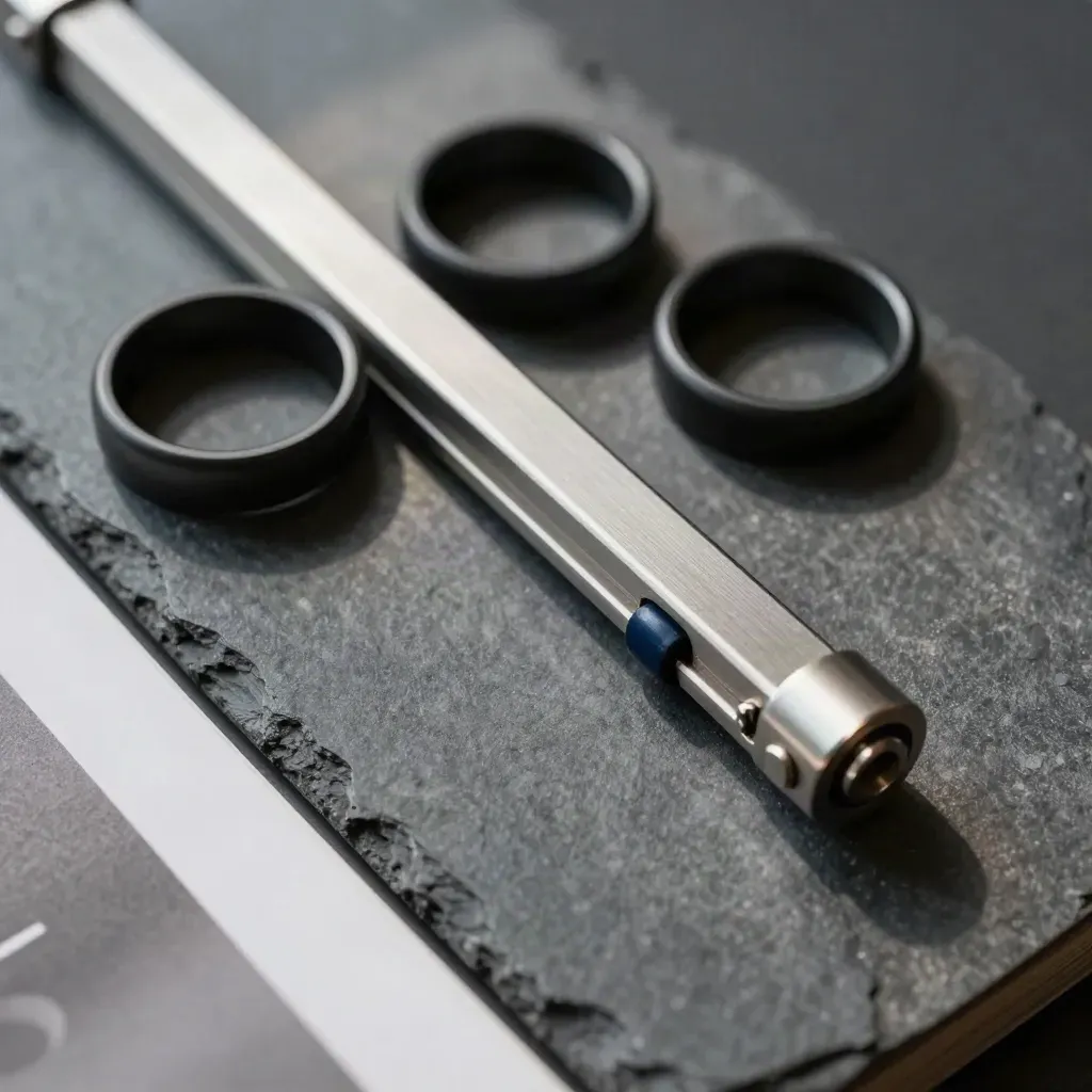 Black rings, metal track and jointed rail on charcoal stone with soft side light.