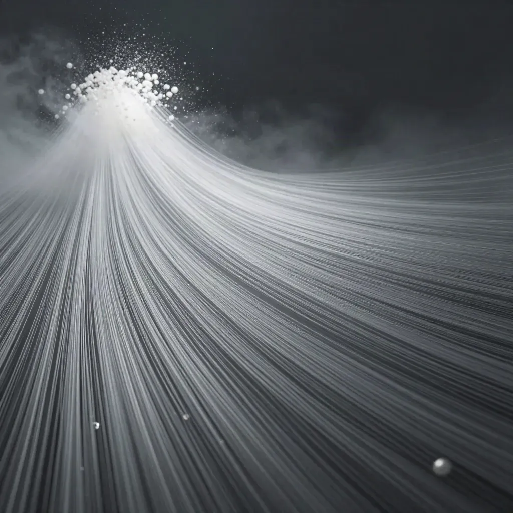 Silver light filaments converge into a soft white bloom in dark graphite haze.